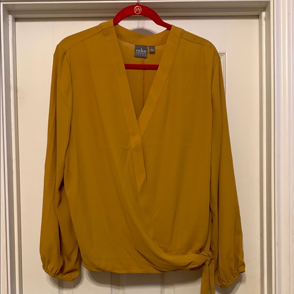 Soho Yellow Wrap Blouse with Cuffed Sleeves and Mandarin Collar